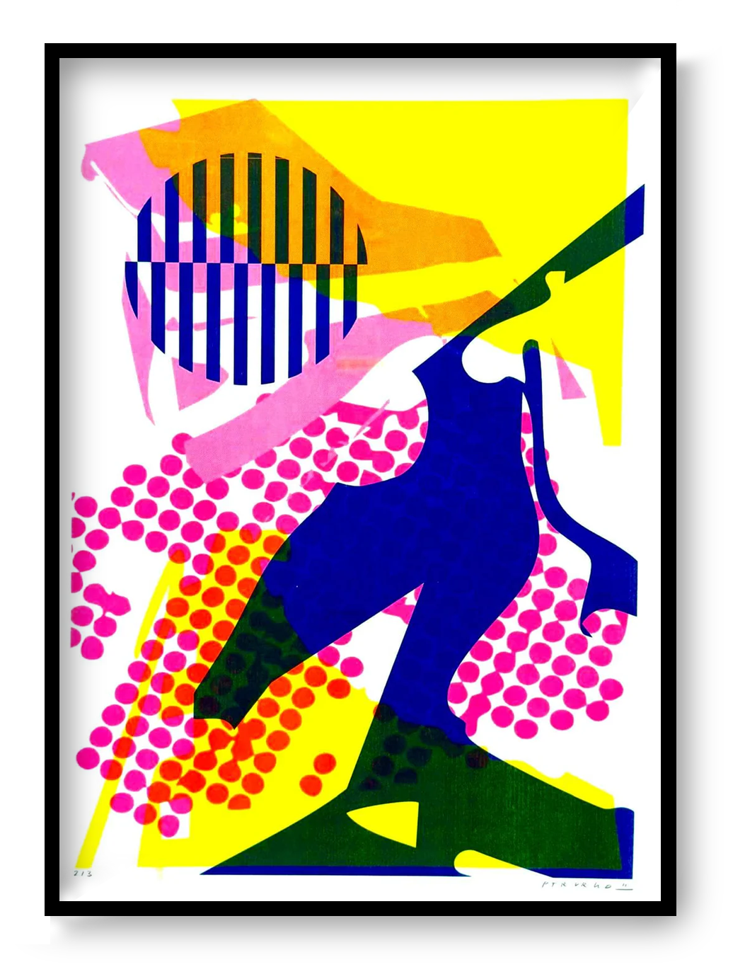 Colorful abstract risograph print by PTRVRKD featuring bold layered shapes in blue, pink and yellow, dynamic collage elements, contemporary graphic textures, limited edition A3 art print made in the Netherlands, modern wall art for vibrant home decor.