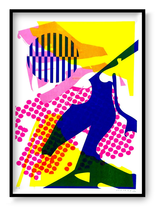 Colorful abstract risograph print by PTRVRKD featuring bold layered shapes in blue, pink and yellow, dynamic collage elements, contemporary graphic textures, limited edition A3 art print made in the Netherlands, modern wall art for vibrant home decor.