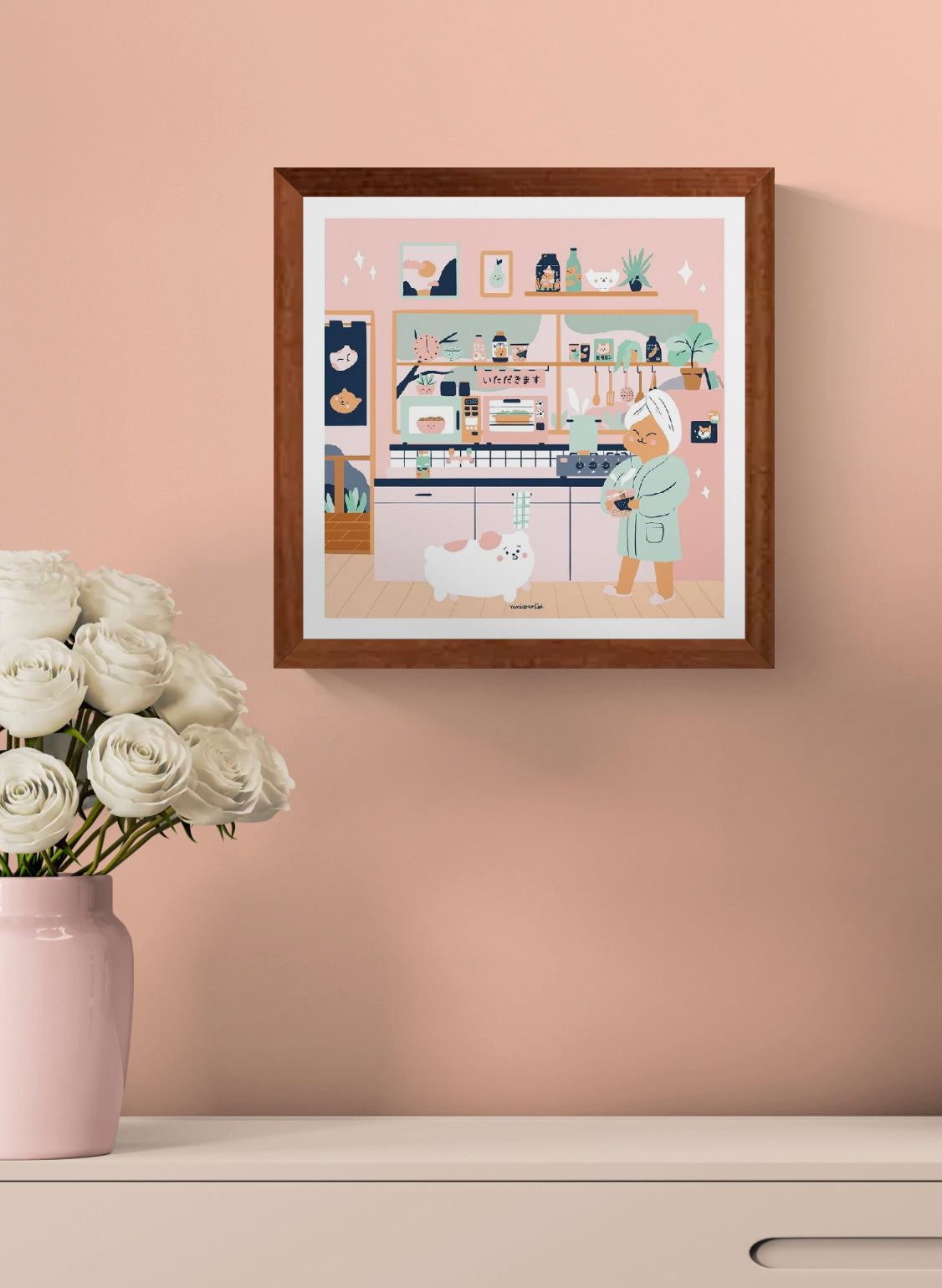 Japanese Kitchen by Niniwanted, square digital art print showing a cute character holding ramen beside a fluffy white pet in a pastel pink Japanese kitchen. Kawaii illustration for cheerful kitchen wall decor.