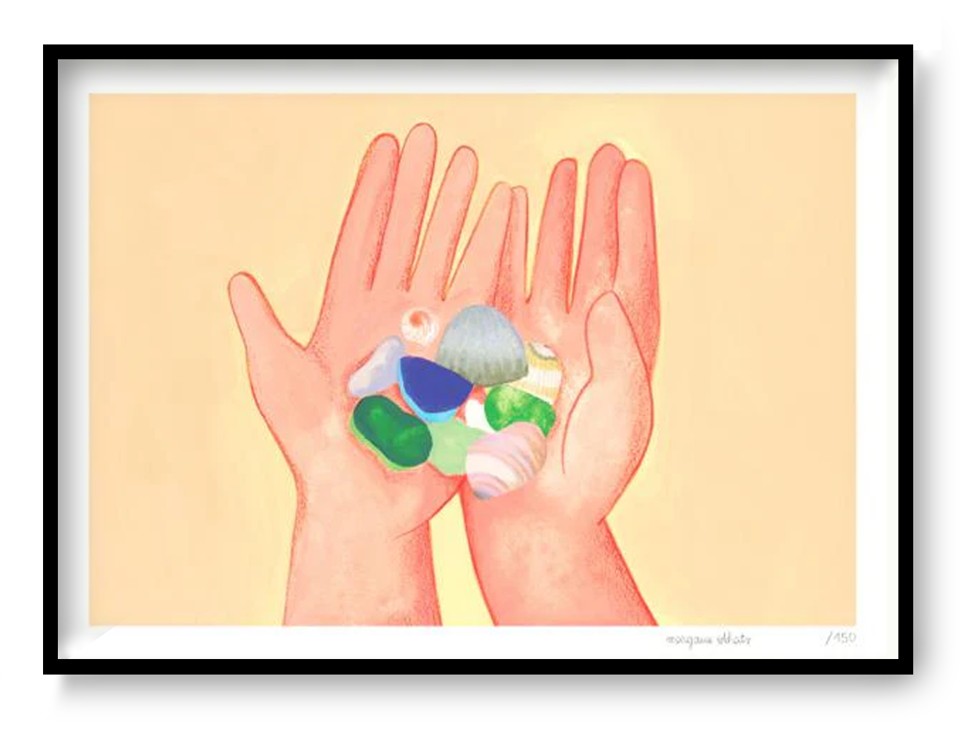 Coquillages by French illustrator Margaux Othats, A3 (29.7 x 42 cm) risograph print in delicate pastel colors. The artwork shows two hands holding seashells and sea glass, evoking summer memories and tenderness. Printed on 150g Munken Print White paper, limited edition of 150 signed and numbered copies, made in Belgium, unframed, packaged with protective sleeve and cardboard backing.