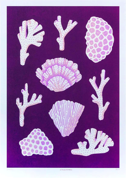 Modern coral reef art print titled ‘Corals’ by Linde Raats, featuring stylized pink and white coral shapes on a deep purple background. A vibrant and nature-inspired illustration perfect for coastal decor, ocean lovers, and contemporary interior design. Available exclusively at Galerie Frits