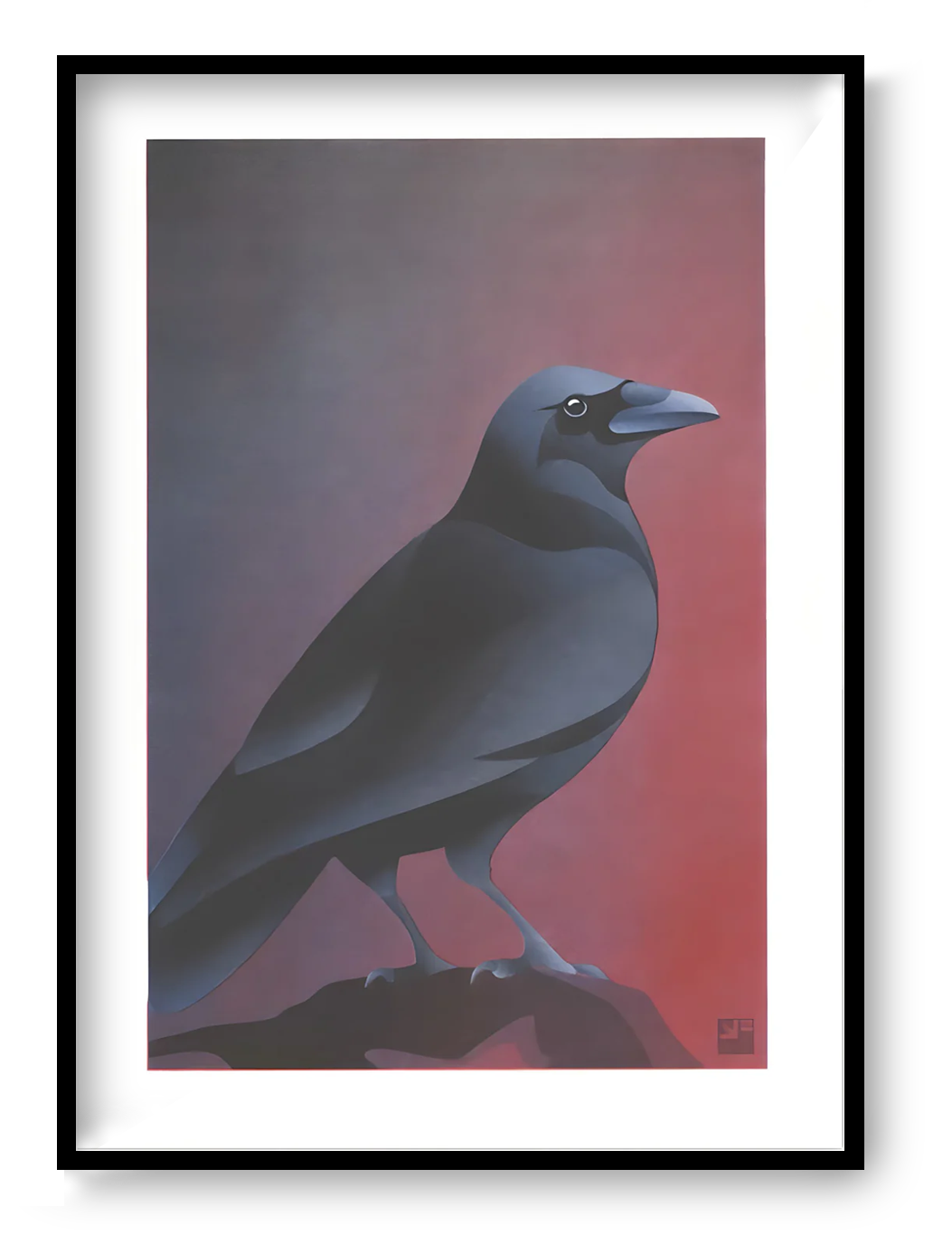 A4 risograph art print “Crow” by VrijFormaat, minimalist black bird illustration on red-violet background, graphic wall art for modern interiors.