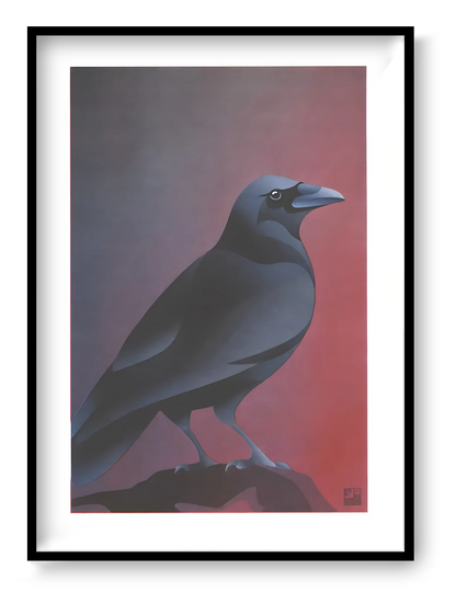 A4 risograph art print “Crow” by VrijFormaat, minimalist black bird illustration on red-violet background, graphic wall art for modern interiors.