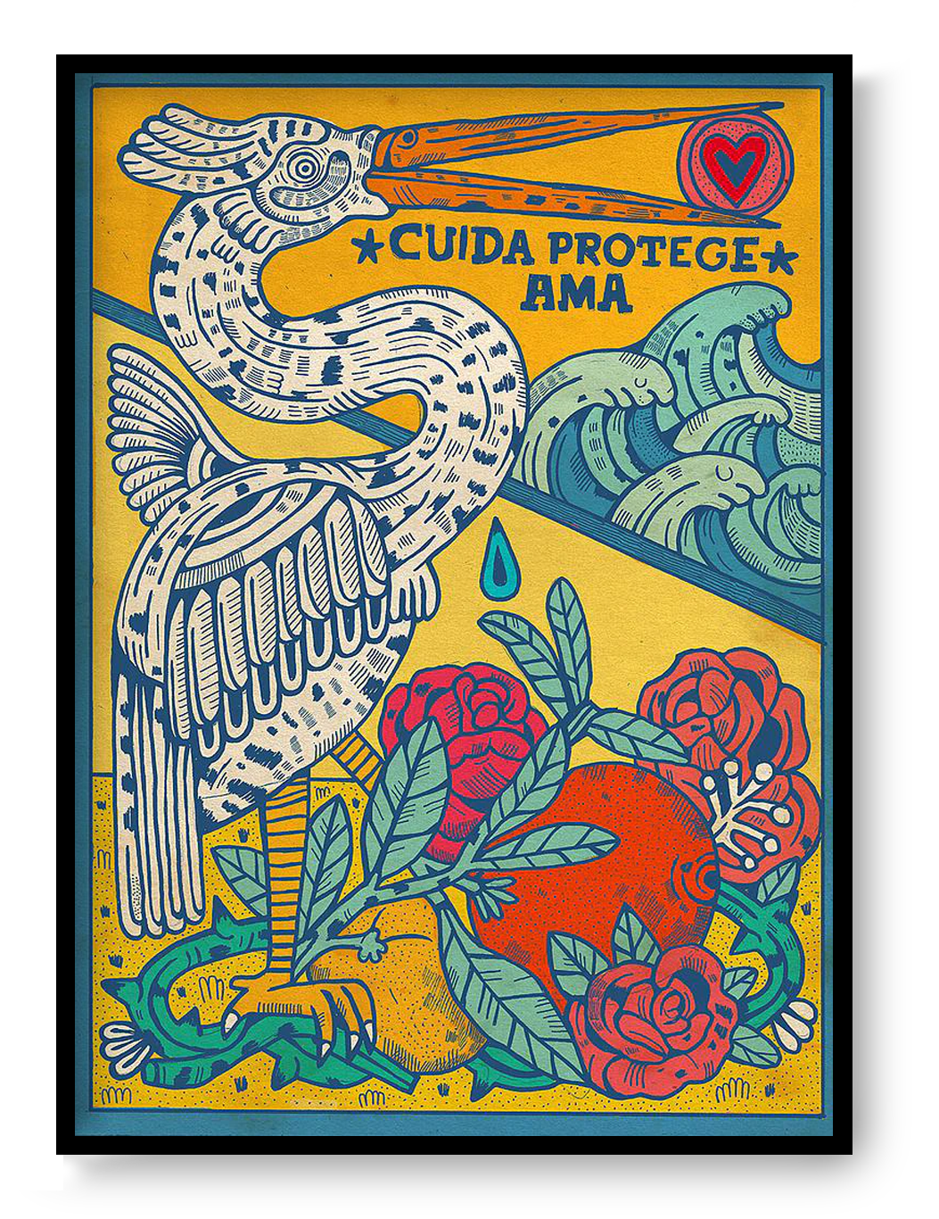 A3 art print “Cuida, protege, ama” by Asis Percales, colorful symbolic illustration in tattoo and circus style, bold wall art for expressive modern interiors.