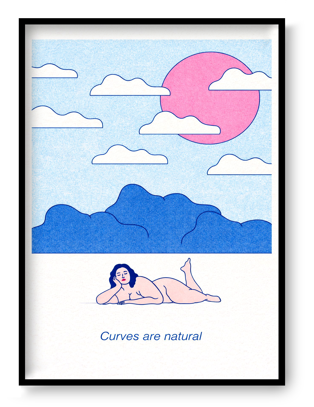 A3 risograph art print “Curves Are Natural” by Studio Stoutpoep, body-positive illustration with soft pastel colors and bold lines, contemporary wall art for modern interiors.
