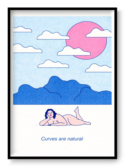 A3 risograph art print “Curves Are Natural” by Studio Stoutpoep, body-positive illustration with soft pastel colors and bold lines, contemporary wall art for modern interiors.