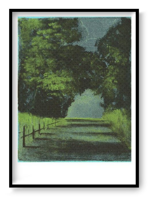 A3 risograph art print “D942” by Nattosito, nostalgic countryside landscape with soft tones and textured layers, poetic wall art for modern interiors.