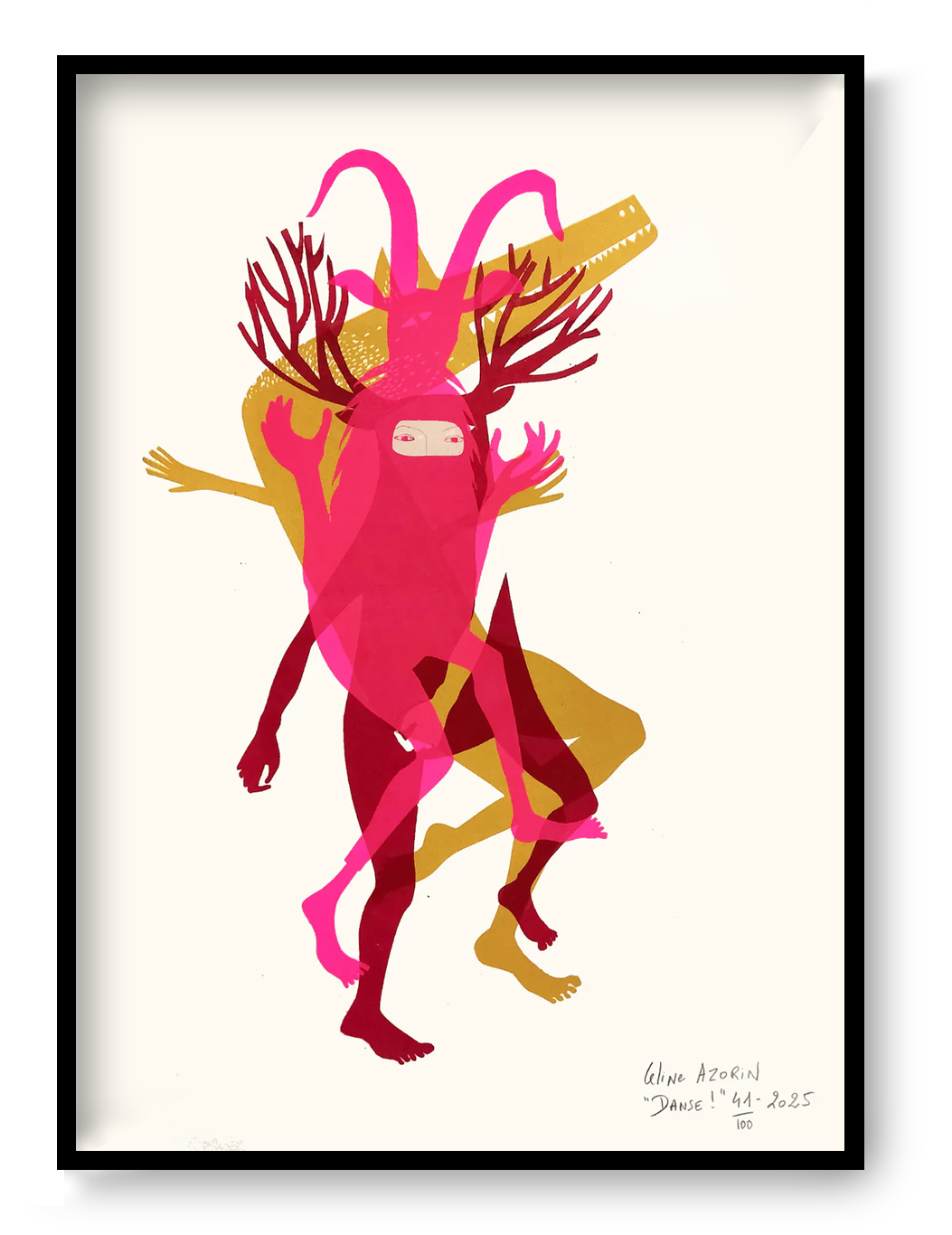 A3 handprinted screen print “DANSE – 41” by Céline Azorin, graphic dance composition with fluorescent pink ink, unique contemporary wall art.