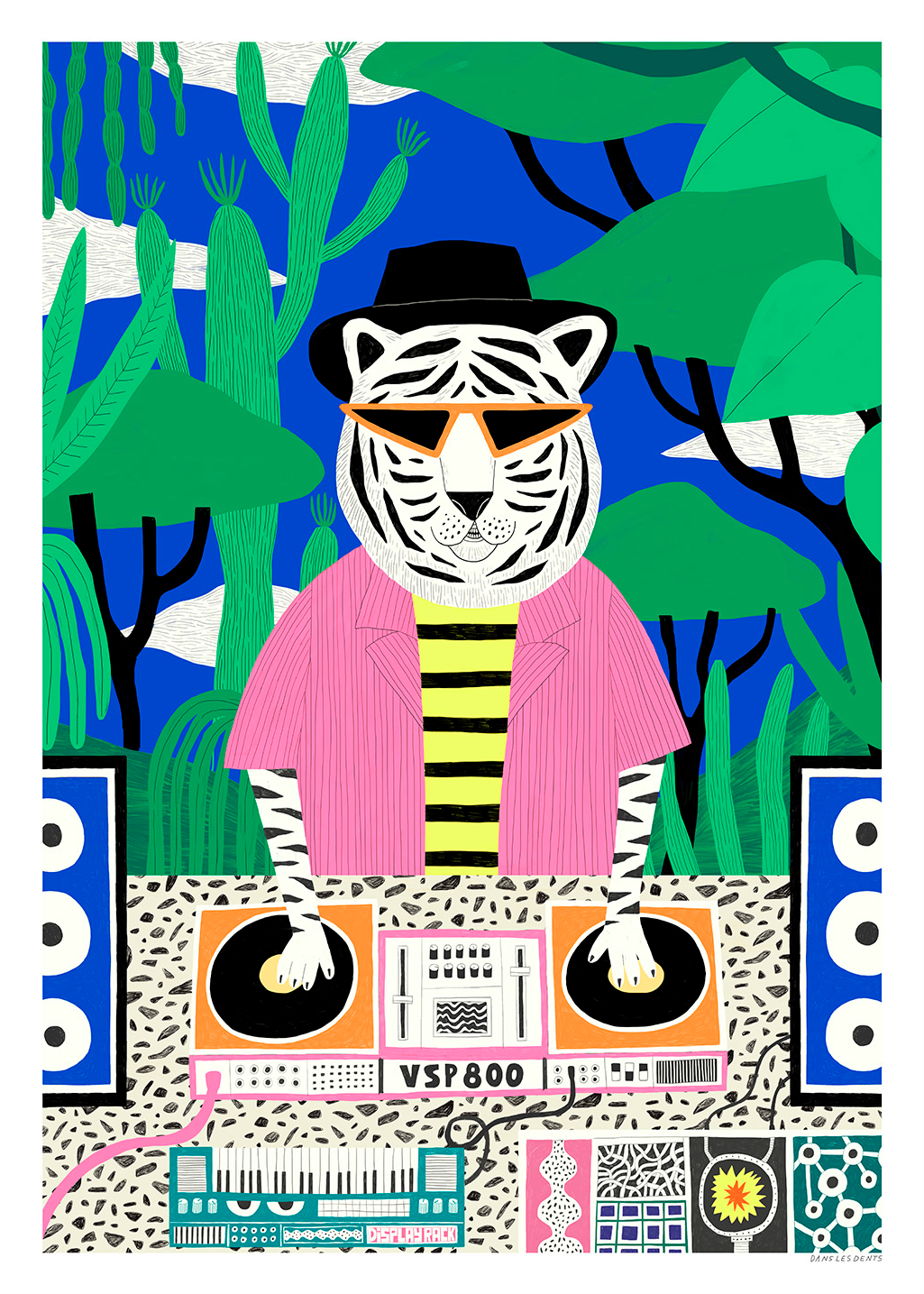 Colorful vertical giclée art print of a white tiger DJ wearing orange sunglasses, a black hat, and a pink shirt, mixing music in a green jungle with a bright blue background. Playful wall art for modern interiors.