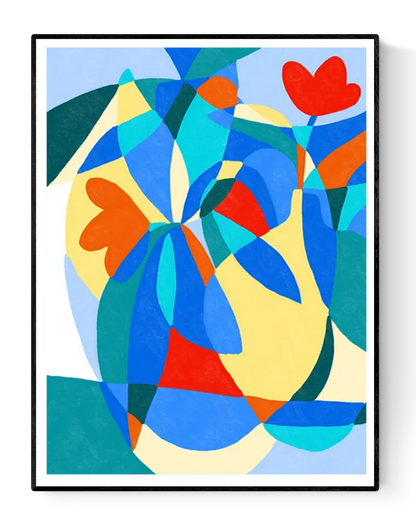 Abstract floral art print titled “Double Tulips” by Teresa Rego – vibrant composition with overlapping tulip shapes in bold red, blue, and yellow hues, perfect for modern and colorful home decor, available at Galerie Frits