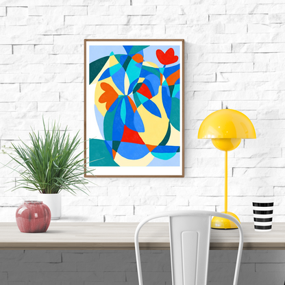 Abstract floral art print titled “Double Tulips” by Teresa Rego – vibrant composition with overlapping tulip shapes in bold red, blue, and yellow hues, perfect for modern and colorful home decor, available at Galerie Frits
