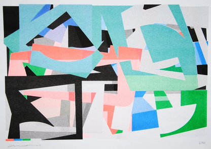 Colorful abstract risograph print by French artist Chufy titled Carré rond, featuring overlapping geometric shapes in green, blue, pink, and black tones. Limited edition A3 art print on Munken Print White 150g paper — modern wall art for design and color lovers.