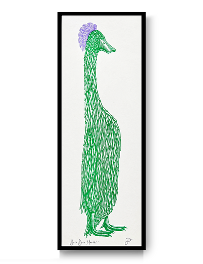 Duck Duck Mousse by Strangford, green duck with purple feathered crest on a tall risograph print.