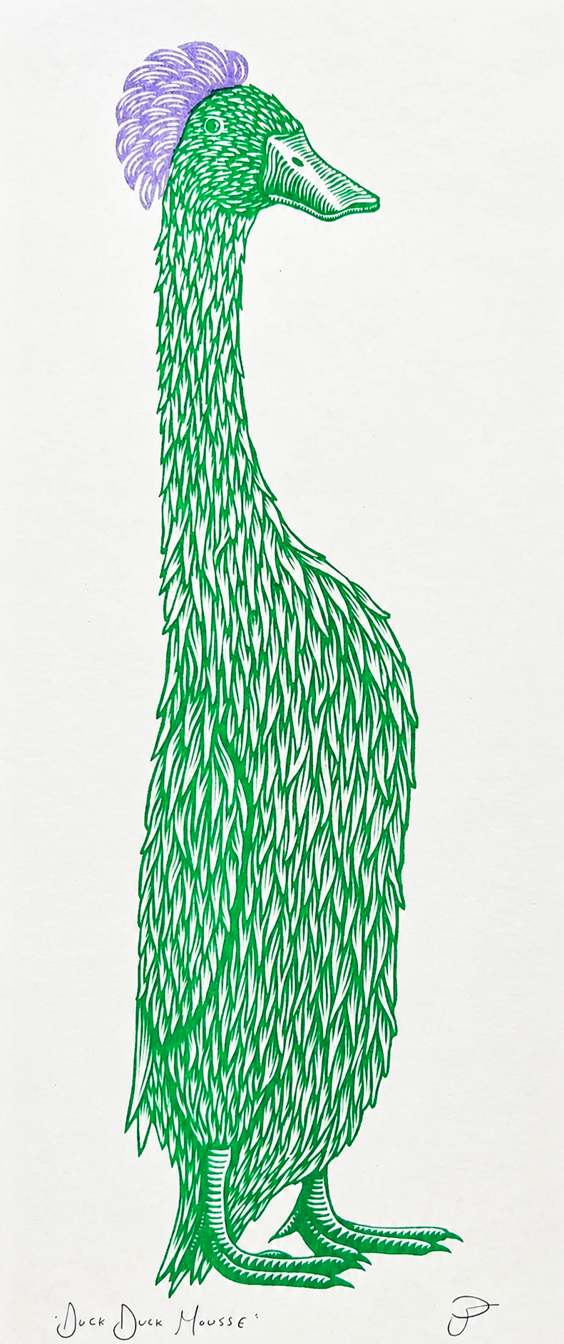 Duck Duck Mousse by Strangford, green duck with purple feathered crest on a tall risograph print.