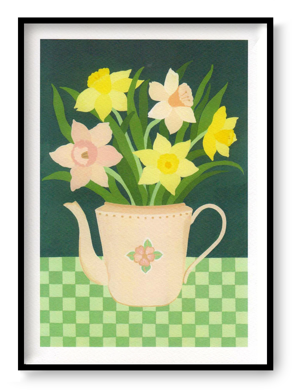A4 floral art print “Daffodils” by Leens, yellow daffodils in a teapot illustration, botanical wall art for bright kitchens and modern interiors.