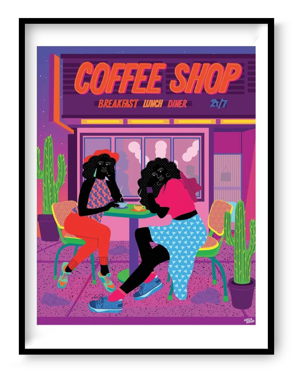 30x40 cm art print “Dallas Coffee Shop” by Aurélia Durand, colorful diner scene illustration celebrating community and diversity, vibrant wall art for modern interiors.