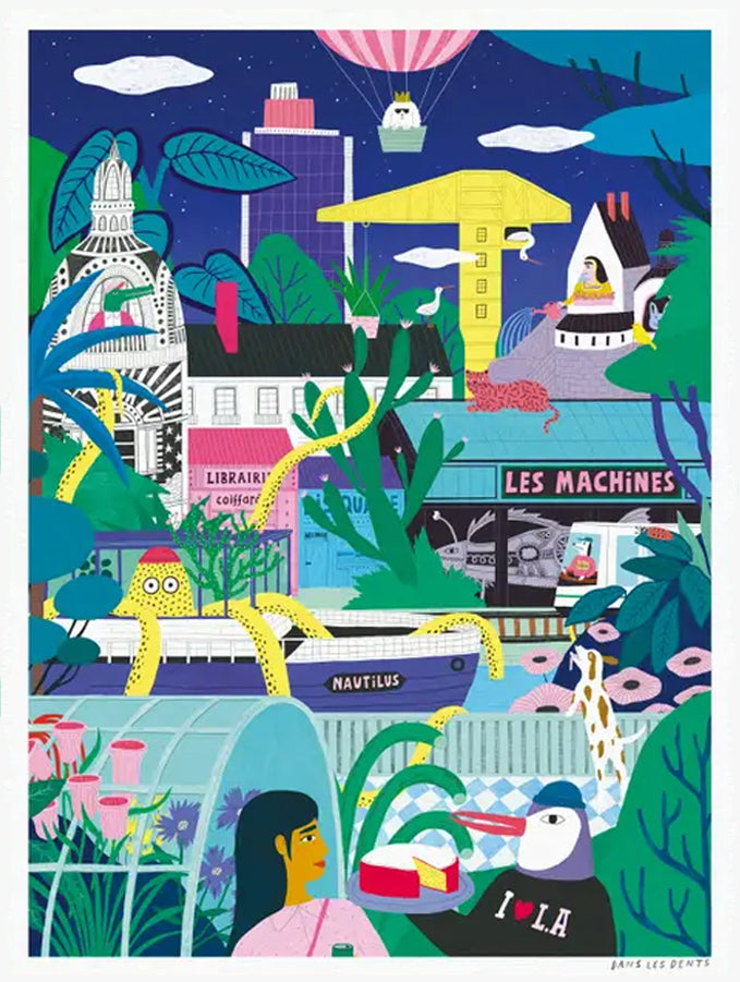 Colorful Nantes illustration art print featuring surreal cityscape with plants, animals, hot air balloon and playful characters, 30x40 cm wall art