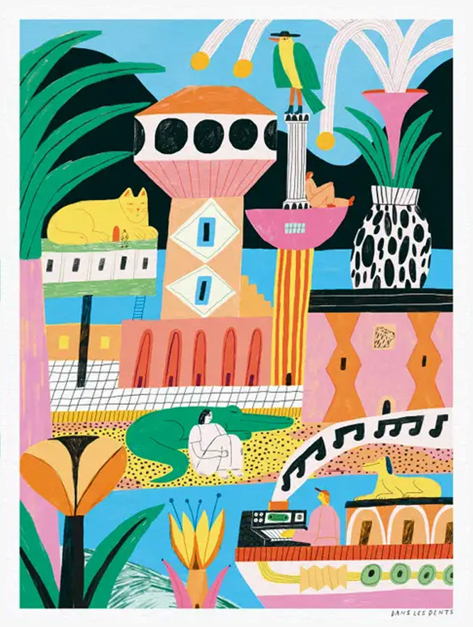 Colourful Refuge art print by Dans les Dents, a 30 x 40 cm surreal naive illustration with playful architecture, plants, animals, and bright decorative details.