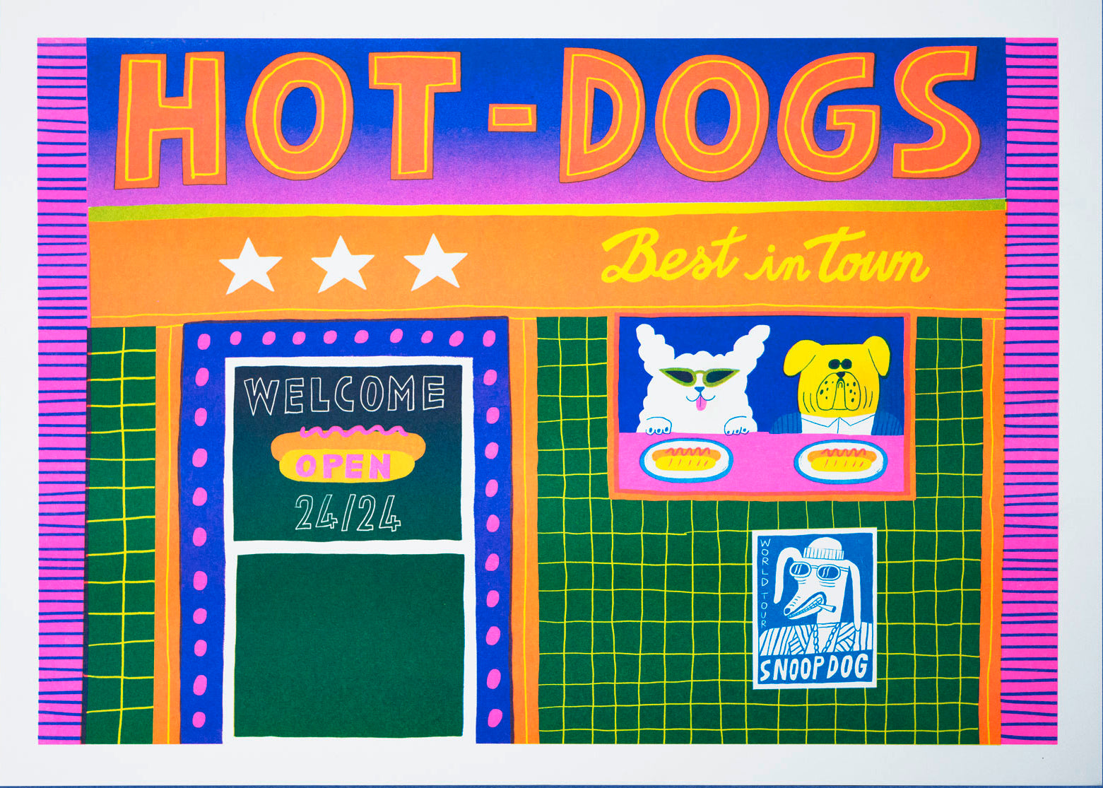 Colorful risoprint titled “Hotdogs” by Dans les Dents, featuring a neon-style hot dog stand with two cartoon dogs, bold lettering, and playful retro signage, A3 format.
