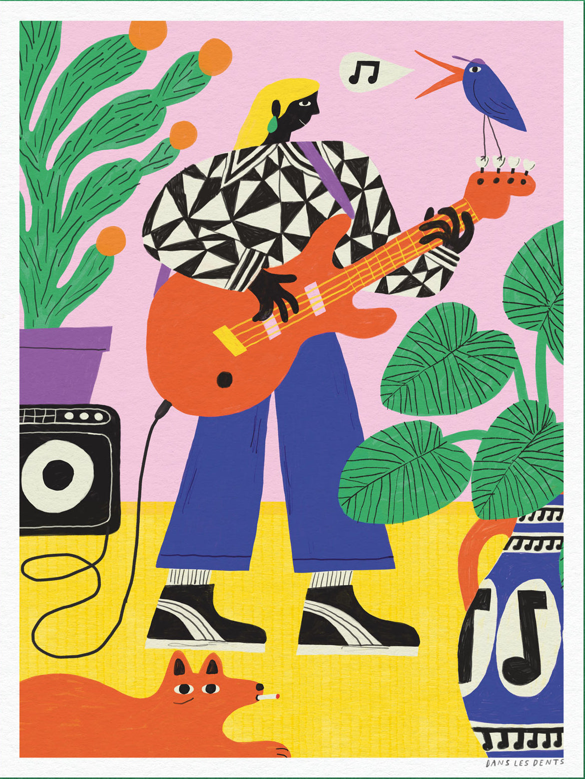 Colorful art print titled “La Joueuse de basse” by Dans les Dents, featuring a woman playing bass guitar surrounded by plants, a speaker, a dog, and a singing bird, in a bold and cheerful retro style.
