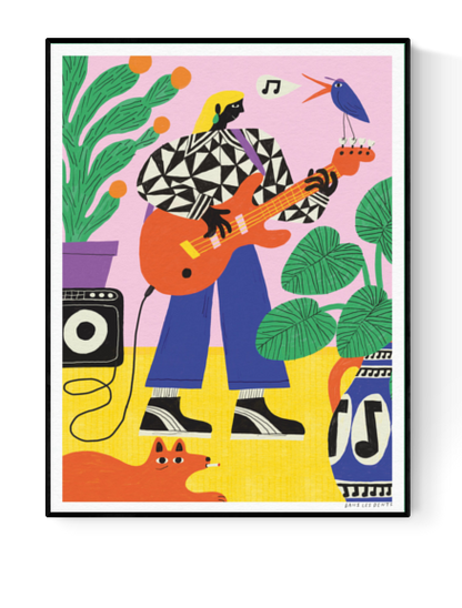 Colorful art print titled “La Joueuse de basse” by Dans les Dents, featuring a woman playing bass guitar surrounded by plants, a speaker, a dog, and a singing bird, in a bold and cheerful retro style.