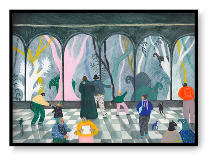 A4 art print “De bewonering” by Louise de Meester, whimsical narrative illustration with humans and animals, surreal wall art for imaginative interiors.