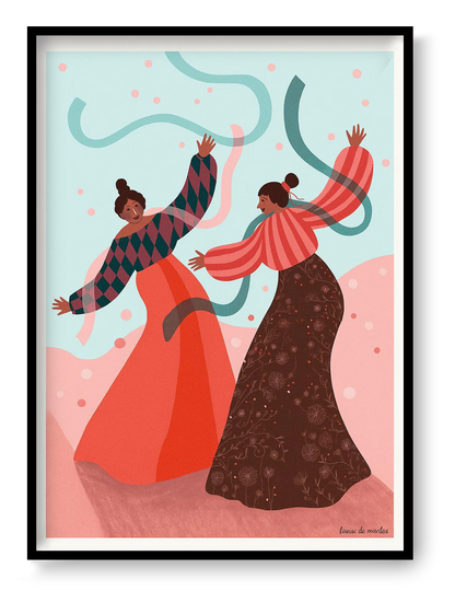 30x40 cm art print “De dans” by Louise de Meester, illustration of two women dancing with ribbons and confetti, joyful contemporary wall art.