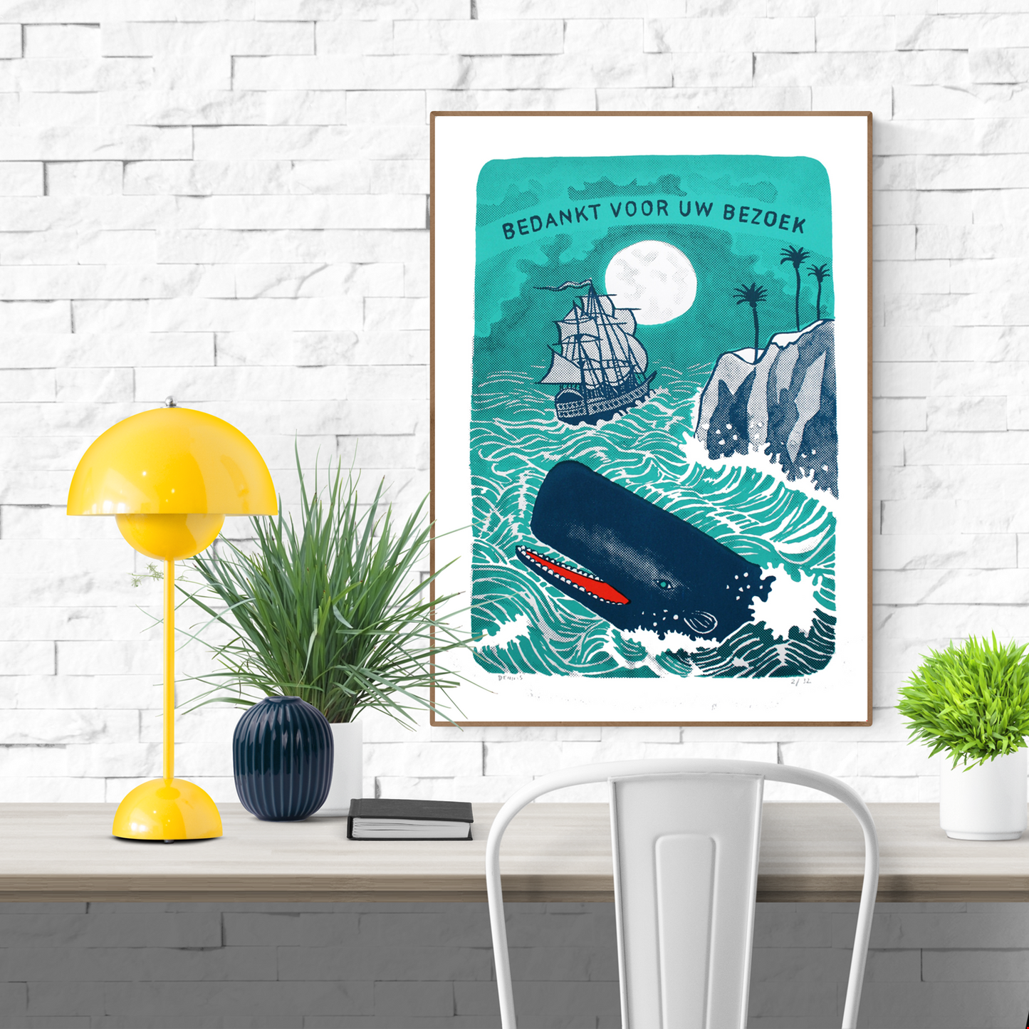Limited edition 3-colour screen print by Belgian illustrator Dennis Dellaert featuring a large blue whale emerging from bright turquoise waves, a vintage sailing ship under a full moon, rocky cliffs with palm trees, and the text ‘Bedankt Voor Uw Bezoek’ in a bold retro style; vibrant 50×70 cm nautical artwork with playful storytelling.