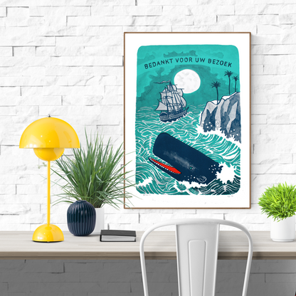 Limited edition 3-colour screen print by Belgian illustrator Dennis Dellaert featuring a large blue whale emerging from bright turquoise waves, a vintage sailing ship under a full moon, rocky cliffs with palm trees, and the text ‘Bedankt Voor Uw Bezoek’ in a bold retro style; vibrant 50×70 cm nautical artwork with playful storytelling.