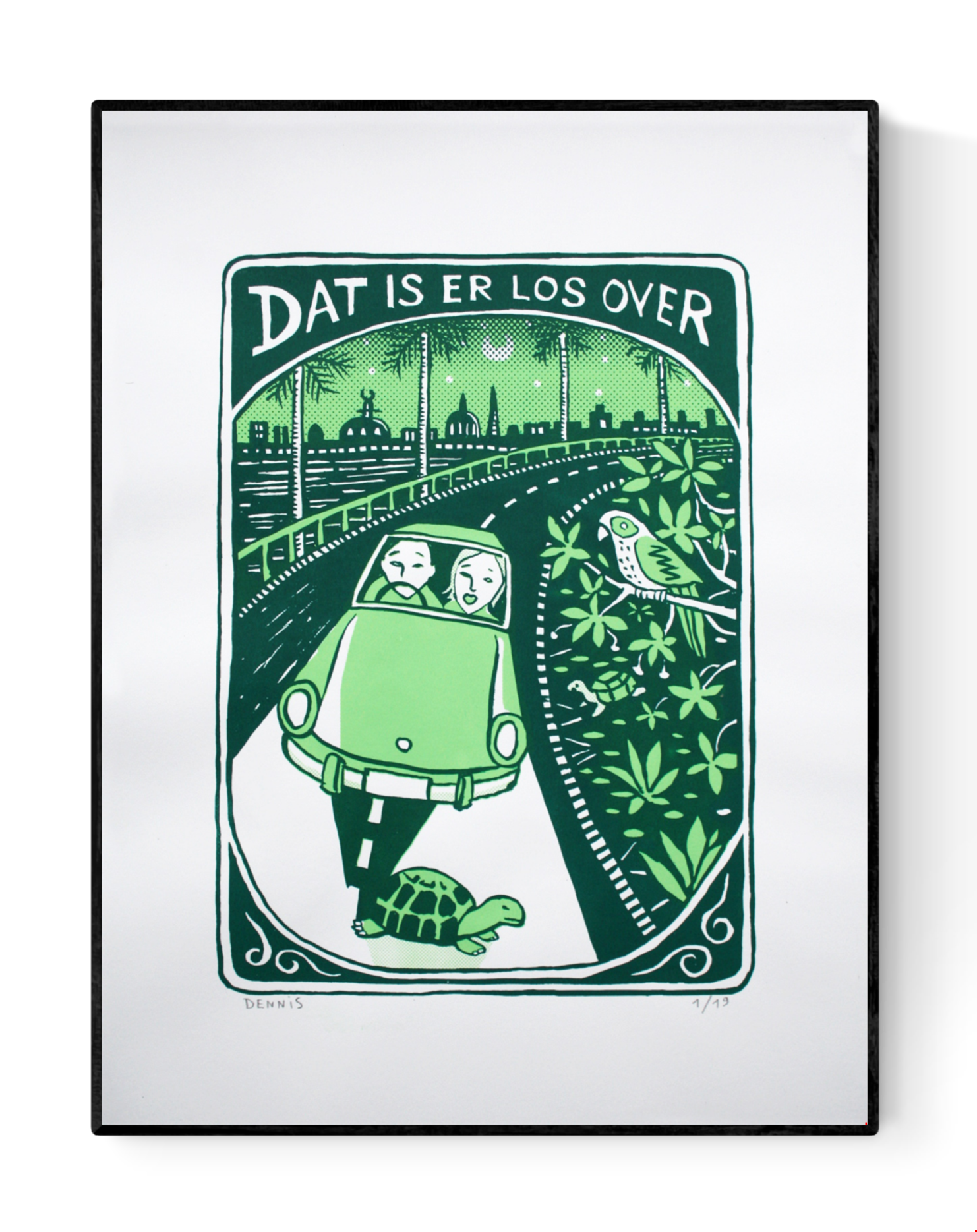 Green two-colour screen print by Belgian artist Dennis Dellaert showing a surprised couple driving at night, a turtle crossing the road, a parrot in lush tropical leaves, and a city skyline under the moon; limited edition 30x40 cm art print with bold, playful storytelling.