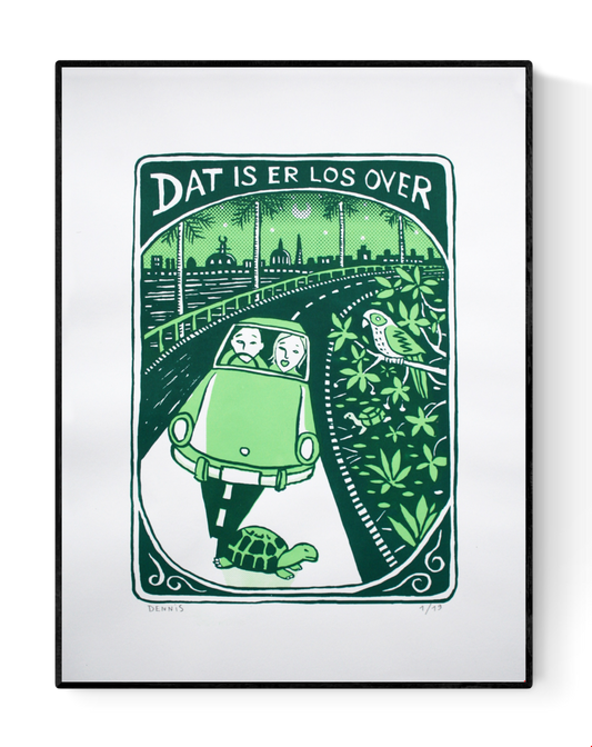 Green two-colour screen print by Belgian artist Dennis Dellaert showing a surprised couple driving at night, a turtle crossing the road, a parrot in lush tropical leaves, and a city skyline under the moon; limited edition 30x40 cm art print with bold, playful storytelling.