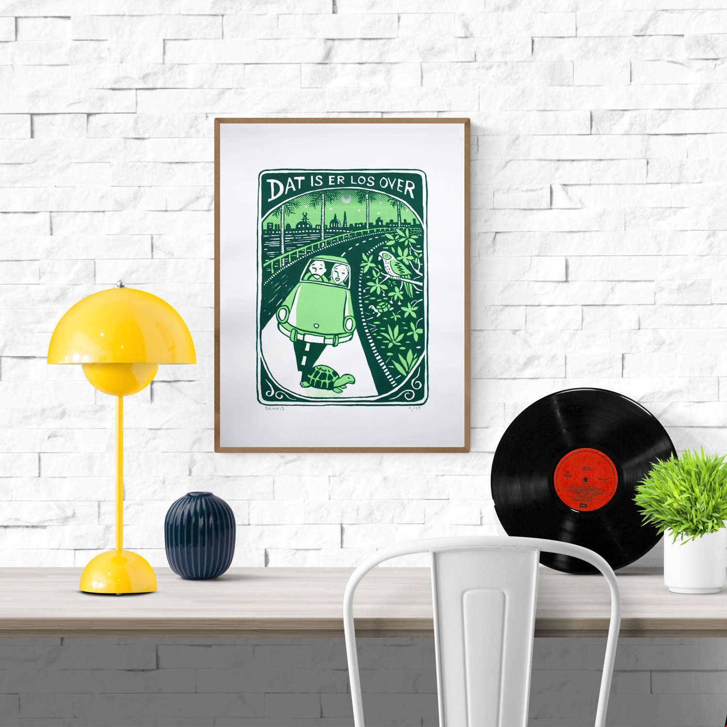 Green two-colour screen print by Belgian artist Dennis Dellaert showing a surprised couple driving at night, a turtle crossing the road, a parrot in lush tropical leaves, and a city skyline under the moon; limited edition 30x40 cm art print with bold, playful storytelling.