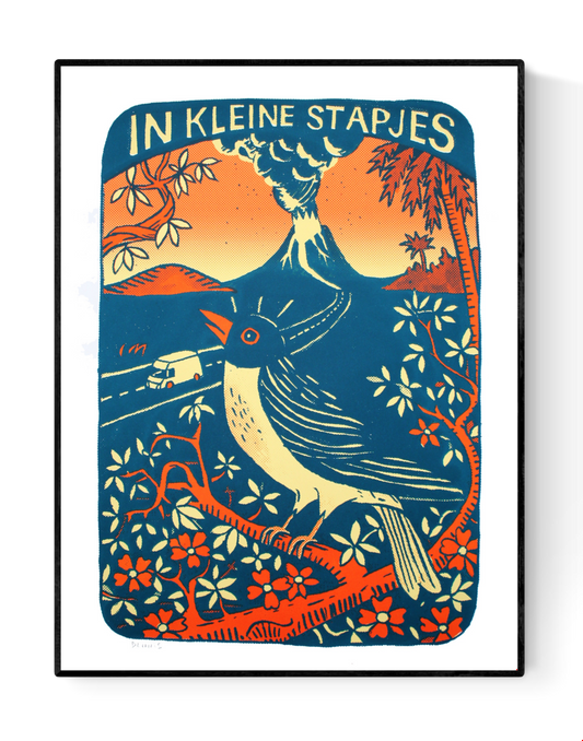 Illustration screen print “In Kleine Stapjes” by Belgian artist Dennis Dellaert, featuring a bright volcanic landscape, a singing bird on a branch, bold orange and blue tones, and a retro folk-art style. Motivational wall art with uplifting imagery, 30×40 cm limited edition screen print on Fedrigoni 250gsm paper.