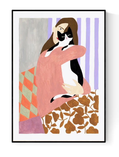 Art print 'Cat and Woman' by Depeapa – modern illustration of a woman lovingly embracing a black and white cat. Contemporary artwork with bold colors, patterned textiles, and minimalist forms. A cozy and emotional composition perfect for cat lovers and modern art collectors, available at Galerie Frits