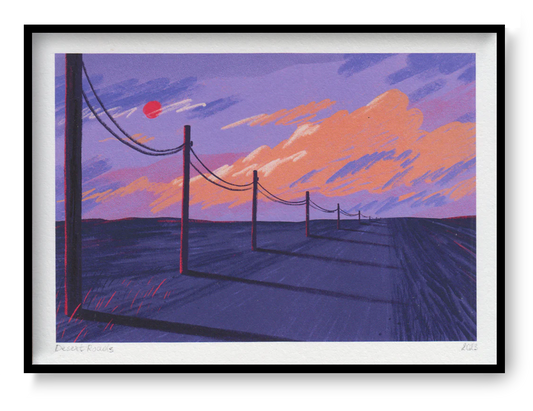Dreamy landscape art print ‘Desert Roads’ by Linde Raats, featuring a surreal purple and pink sunset over a desert road with telephone poles casting long shadows. Minimalist and atmospheric wall art available at Galerie Frits