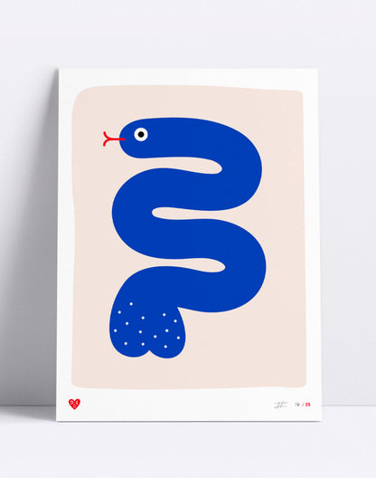 30 x 40 cm limited edition screen print titled Trouser Snake by Dicks Don’t Lie. Features a stylized, minimal blue snake with a humorous double meaning, printed in 4 vibrant colors. Hand-printed in the Netherlands, signed by the artist, edition of 25.