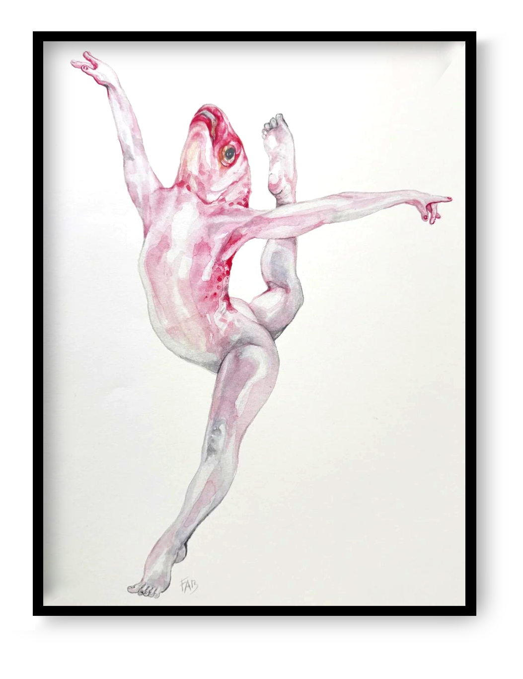 30x40 cm art print “Diva Fish” by FAB, surreal watercolor illustration with poetic tone, contemporary wall art for modern interiors.