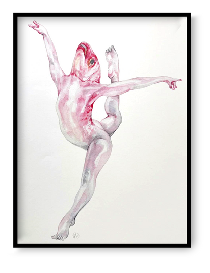 30x40 cm art print “Diva Fish” by FAB, surreal watercolor illustration with poetic tone, contemporary wall art for modern interiors.