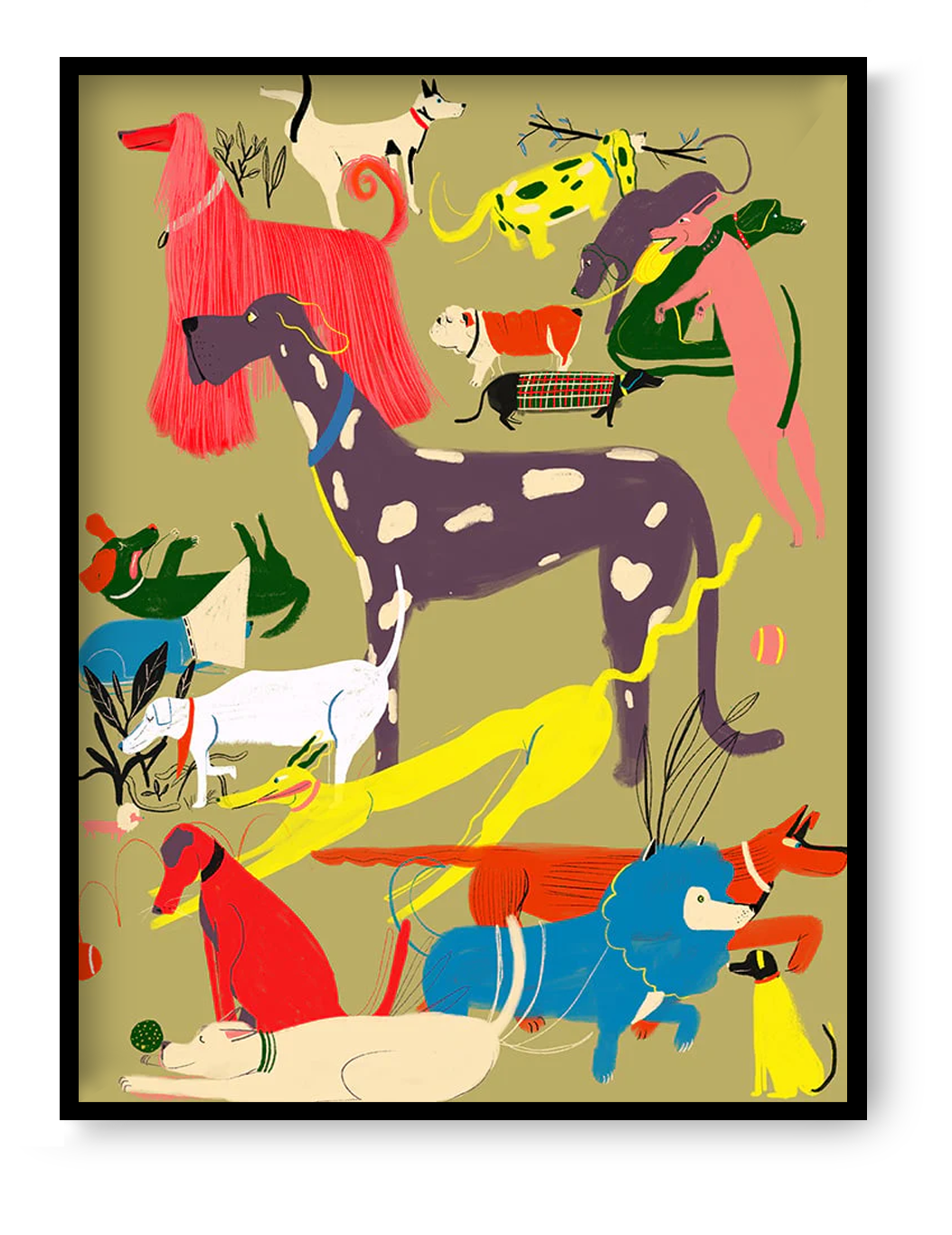 30x40 cm giclée art print “Dogs” by Miguel Manich, colorful illustration filled with playful dog characters, bold contemporary wall art.