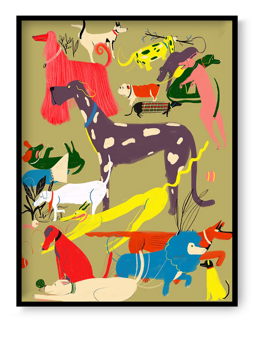 30x40 cm giclée art print “Dogs” by Miguel Manich, colorful illustration filled with playful dog characters, bold contemporary wall art.