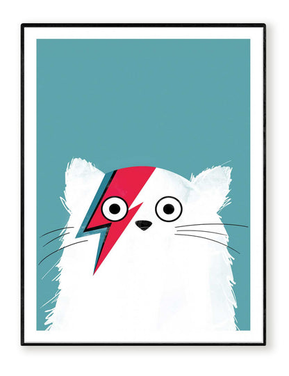 Cat Bowie White by Doozal – 30x40 cm art print of a white cat with David Bowie’s iconic red lightning bolt face paint on a teal background. Fun pop-culture wall art for kids’ bedrooms or modern interiors. Printed in France/EU on FSC-certified eco-friendly paper, unframed poster.