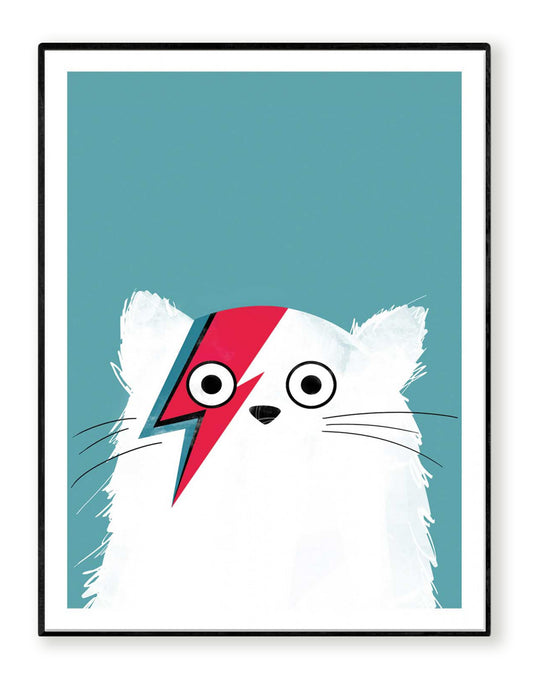 Cat Bowie White by Doozal – 30x40 cm art print of a white cat with David Bowie’s iconic red lightning bolt face paint on a teal background. Fun pop-culture wall art for kids’ bedrooms or modern interiors. Printed in France/EU on FSC-certified eco-friendly paper, unframed poster.