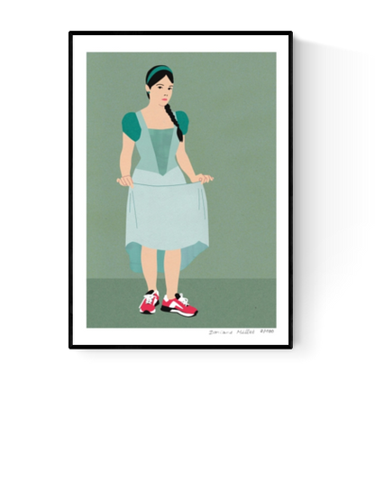 "Feet on the Ground" by Doriane Millet – minimalist illustration of a modern girl in a fairytale-style dress and red sneakers, standing confidently on a muted green background; whimsical and empowering wall art print blending classic and contemporary styles, available at Galerie Frits