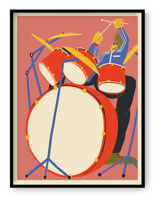 30x40 cm giclée art print “Drums” by Miguel Manich, colorful illustration inspired by live music and rhythm, bold contemporary wall art.