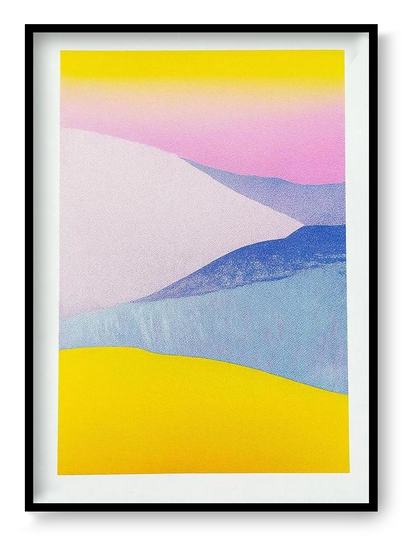 Small risograph art print “Dune Landscape – Blue Yellow” by PTRVRKD, abstract dune landscape with pastel blue and yellow layers, minimal wall art.