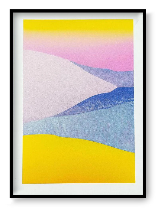 Small risograph art print “Dune Landscape – Blue Yellow” by PTRVRKD, abstract dune landscape with pastel blue and yellow layers, minimal wall art.