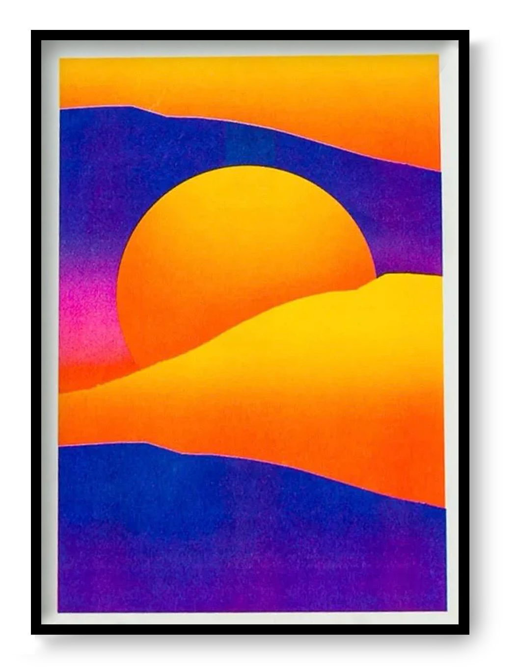 Risograph art print “Dune Landscape – Purple Yellow” by PTRVRKD, abstract dune landscape with purple and yellow layers, bold modern wall art.