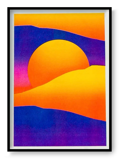 Risograph art print “Dune Landscape – Purple Yellow” by PTRVRKD, abstract dune landscape with purple and yellow layers, bold modern wall art.