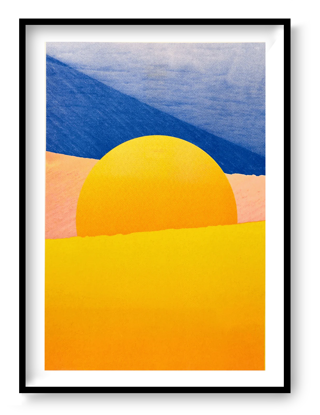 A3 risograph art print “Dune Landscape – Still Life” by PTRVRKD, abstract desert composition with golden dunes and deep blue sky, modern graphic wall art.