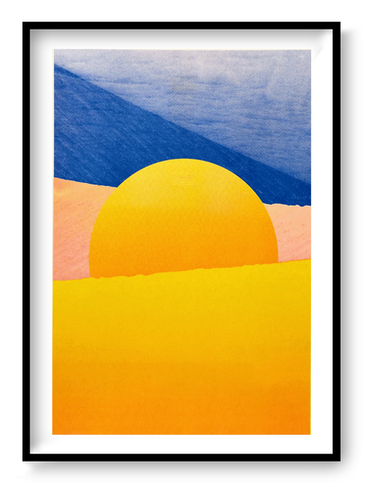 A3 risograph art print “Dune Landscape – Still Life” by PTRVRKD, abstract desert composition with golden dunes and deep blue sky, modern graphic wall art.
